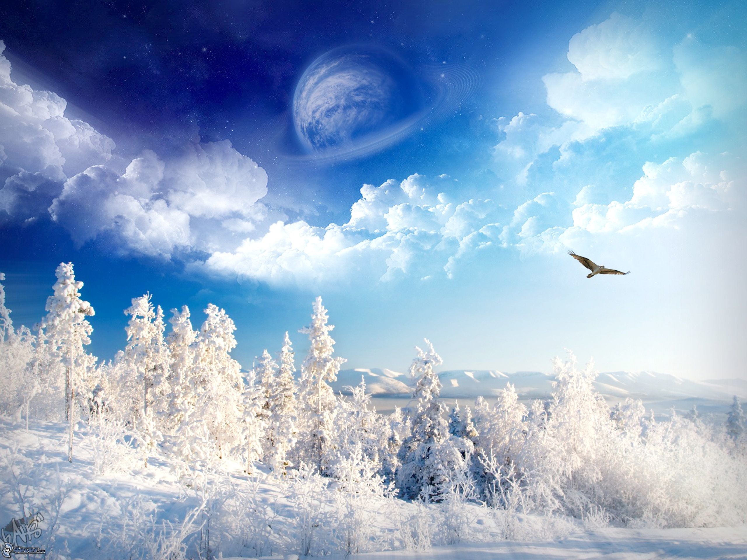 Inverno, Alberi innevati, Pianeta, Aquila, Fantasy, 2K, sfondo per iPad e tablet