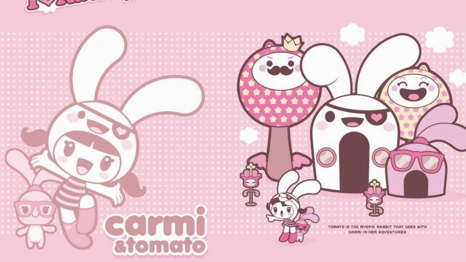 Carmi Tomato, Kawaii, Coniglietti, Sfondo rosa, 1920x1080, wallpaper desktop