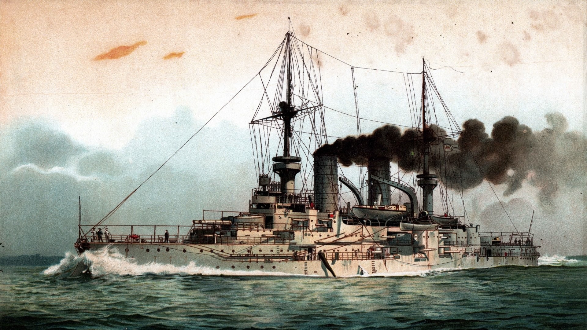 Corazzata, Nave da guerra, Mare, Dipinto, Full HD, sfondo desktop
