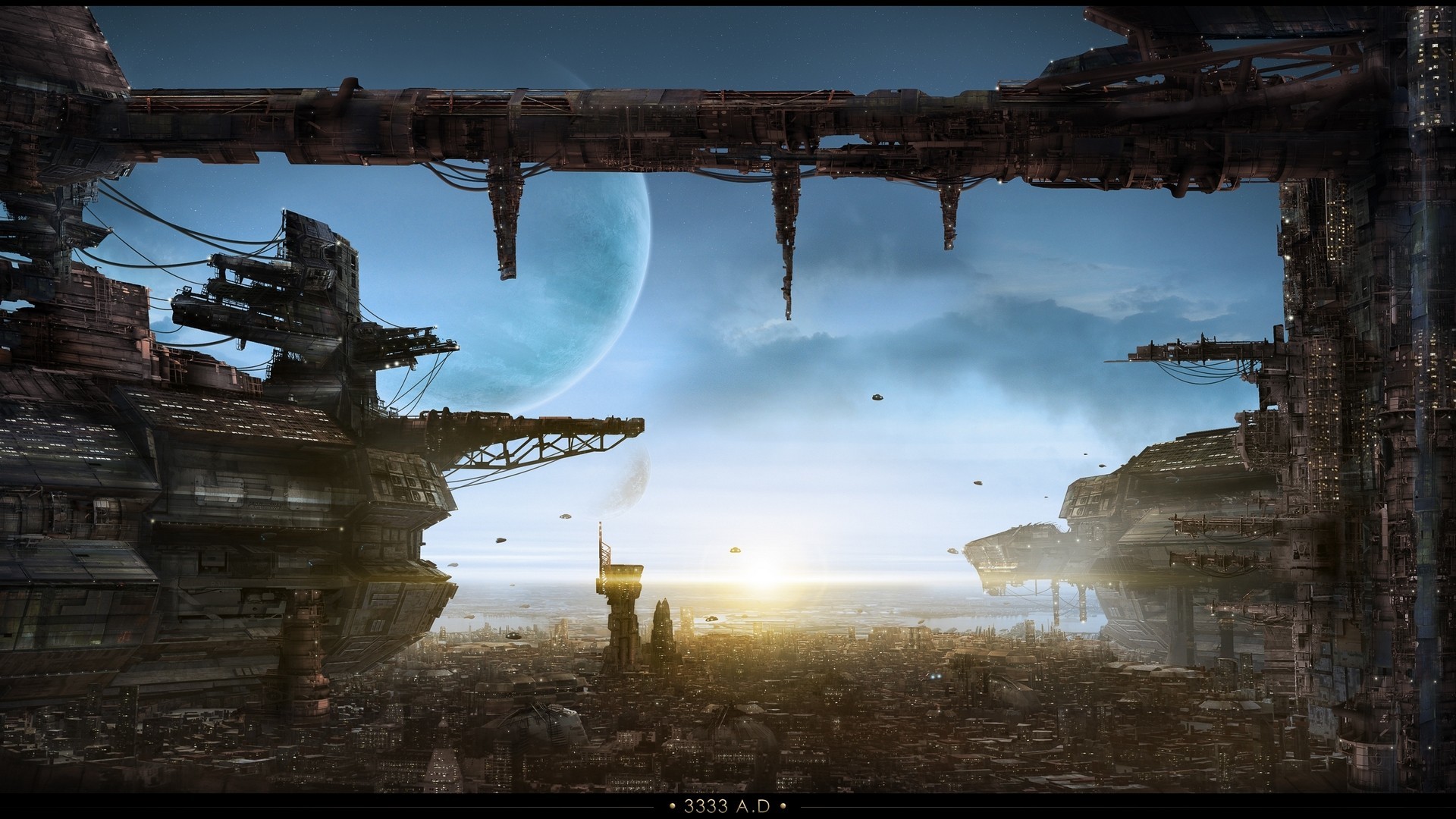Astronavi, Città futuristica, Pianeta, Concept art, 16:9 Full HD, sfondo widescreen