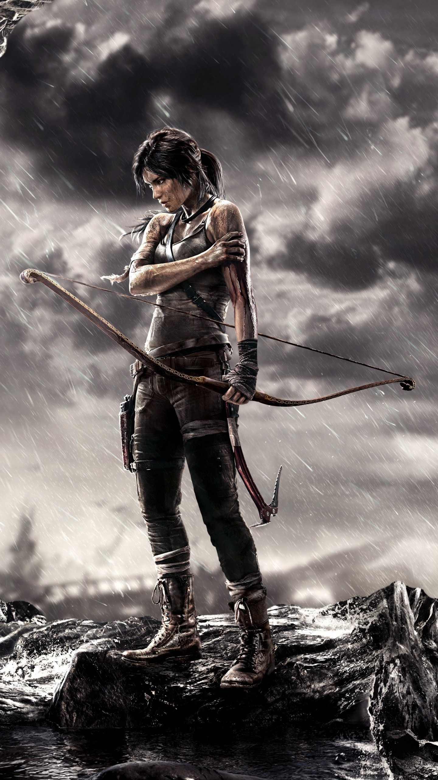 Lara Croft, Tomb Raider (2013), Arco, Cielo nuvoloso, QHD+, sfondo per smartphone