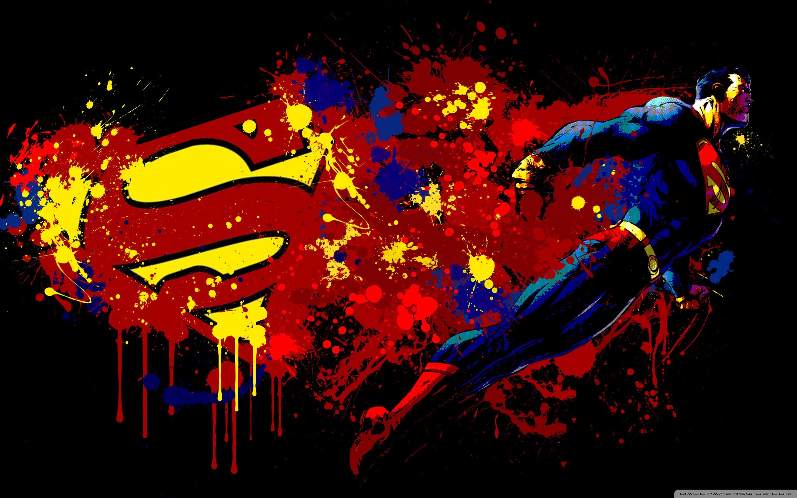 Superman, Logo di Superman, Schizzi di vernice, Volo, Sfondo nero, wallpaper 2560x1600