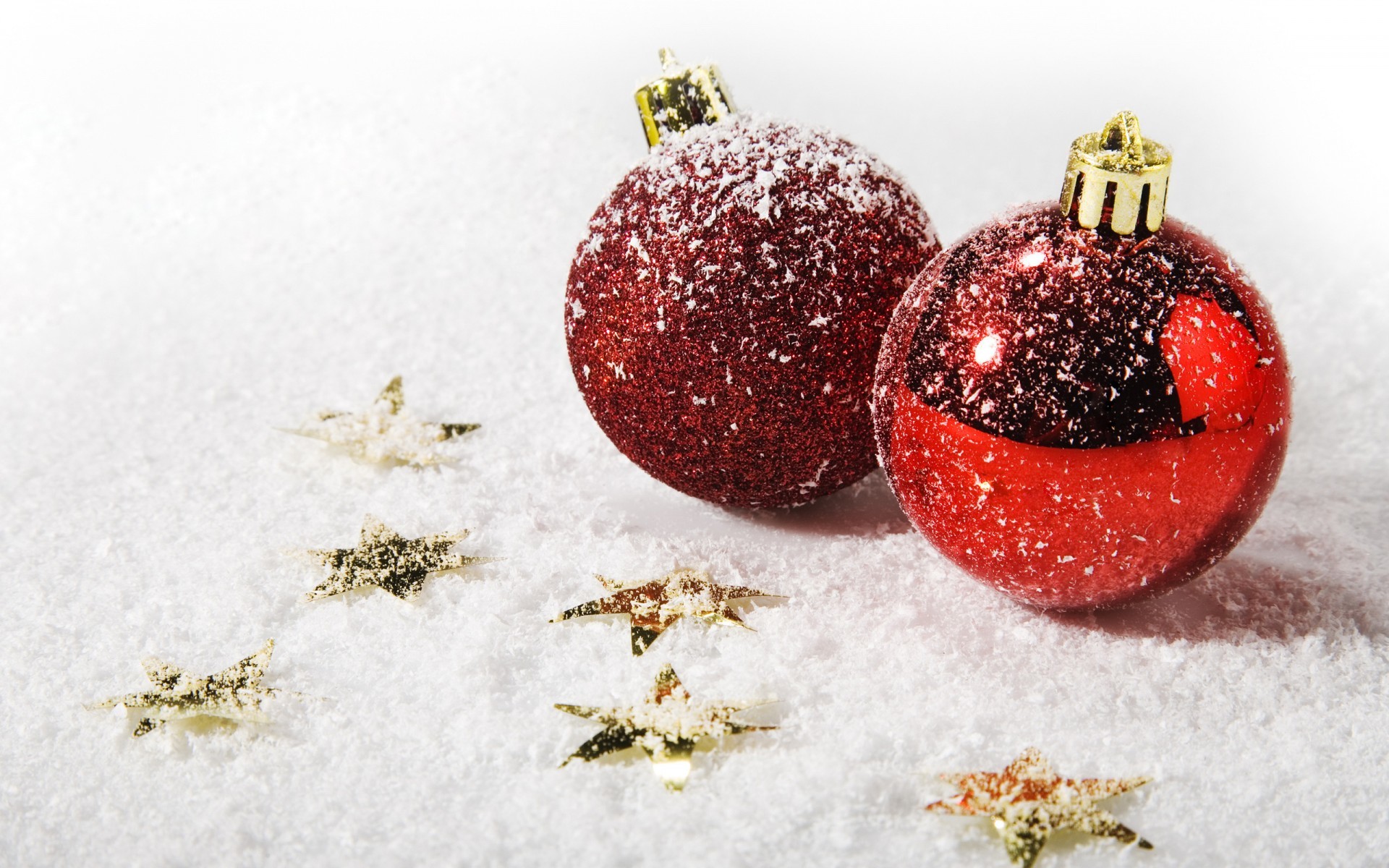 Palline di Natale, Stelline dorate, Neve, Rosso, Full HD, sfondo per PC