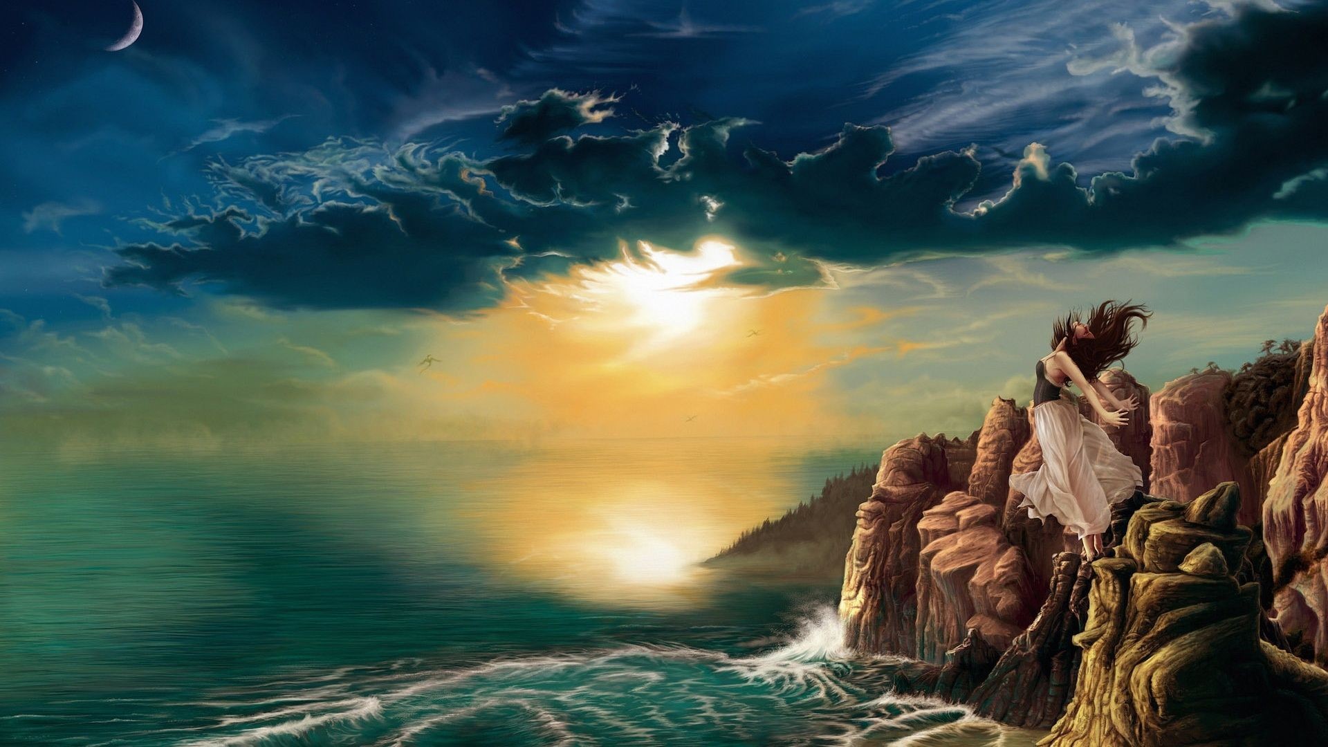 Donna, Scogliera, Mare in tempesta, Pittura, Tramonto, Full HD, sfondo per PC e portatile