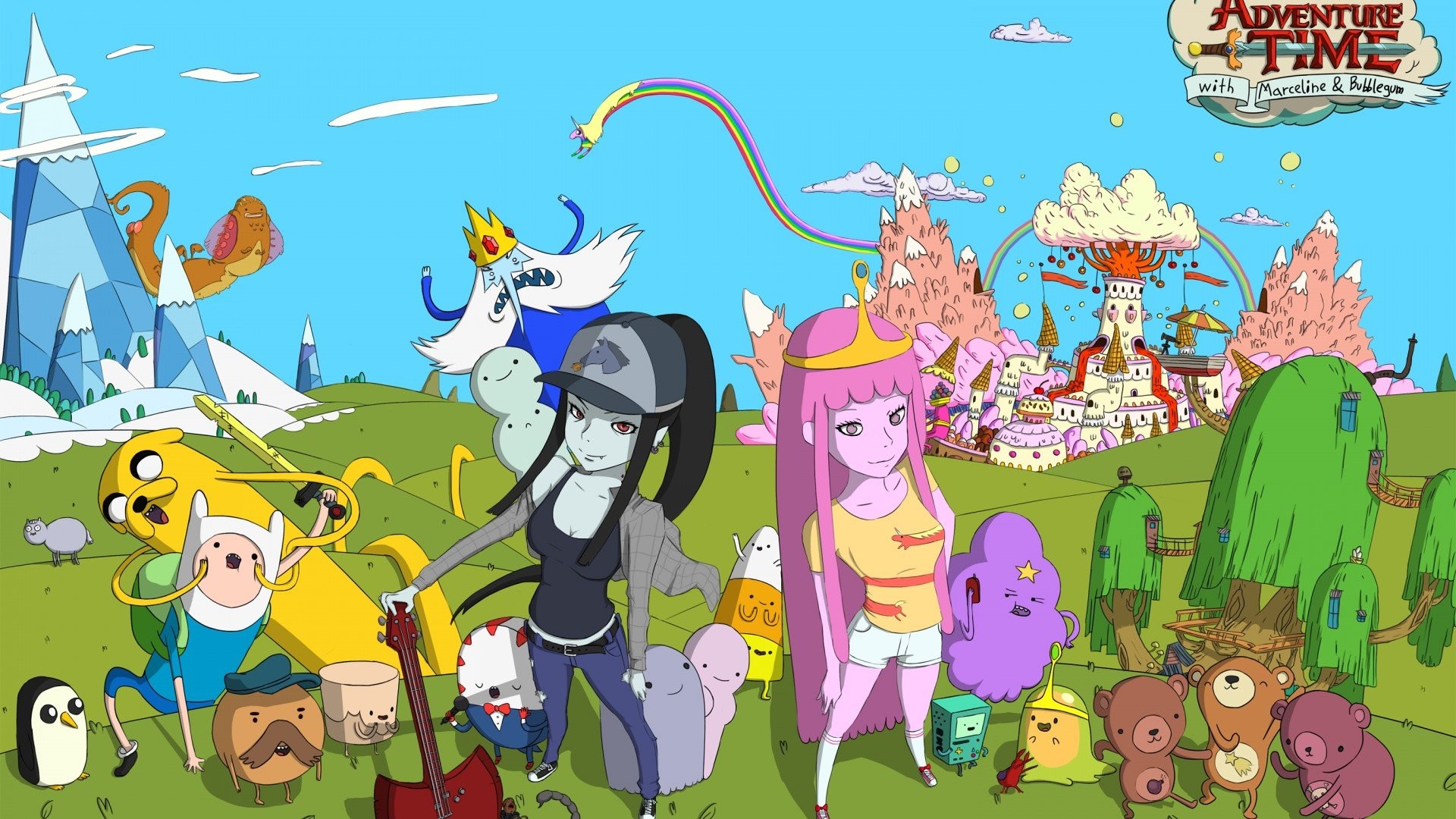 Adventure Time, Finn, Marceline, Principessa Gommarosa, Personaggi, sfondo desktop Full HD