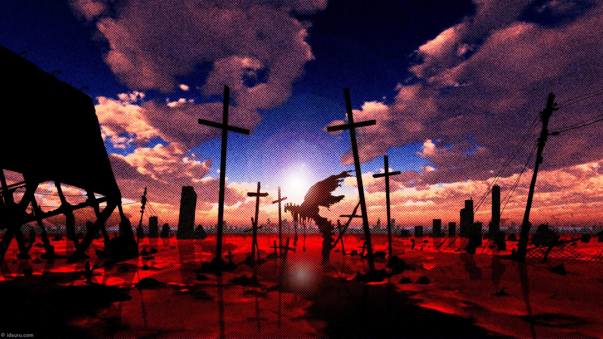 Neon Genesis Evangelion, Croci, Lago rosso, Tramonto, Rovine, 16:9 Full HD, sfondo widescreen