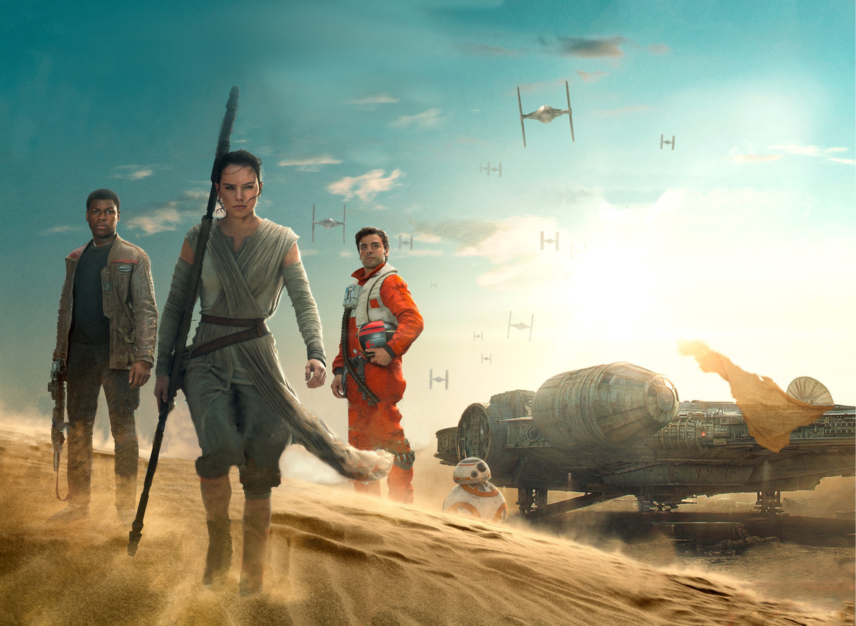 Rey, Finn, Poe Dameron, Millennium Falcon, Jakku, 2K, sfondo per PC e portatile
