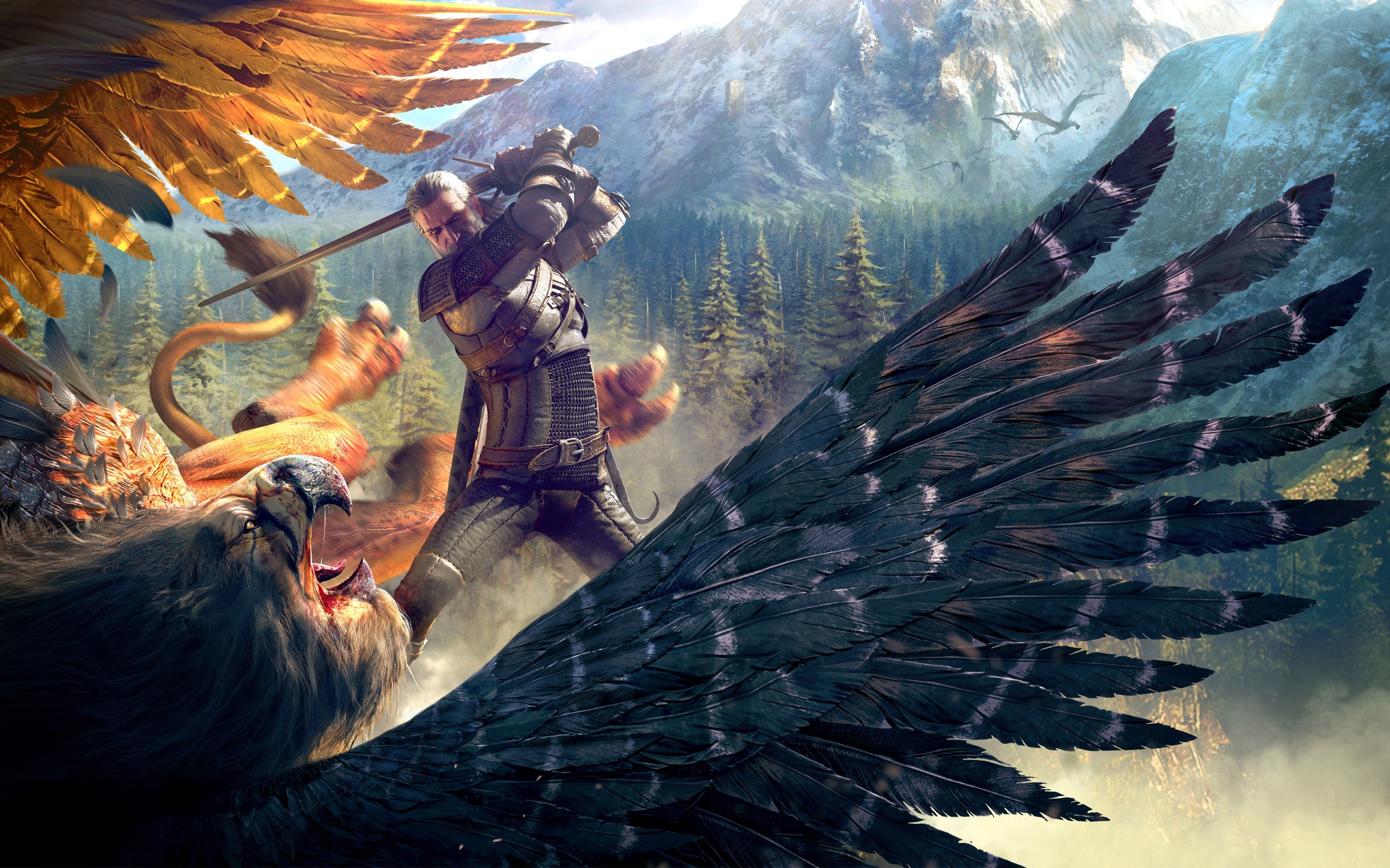 Geralt di Rivia, Grifone, The Witcher 3: Wild Hunt, Combattimento, Ali, sfondo MacBook Pro