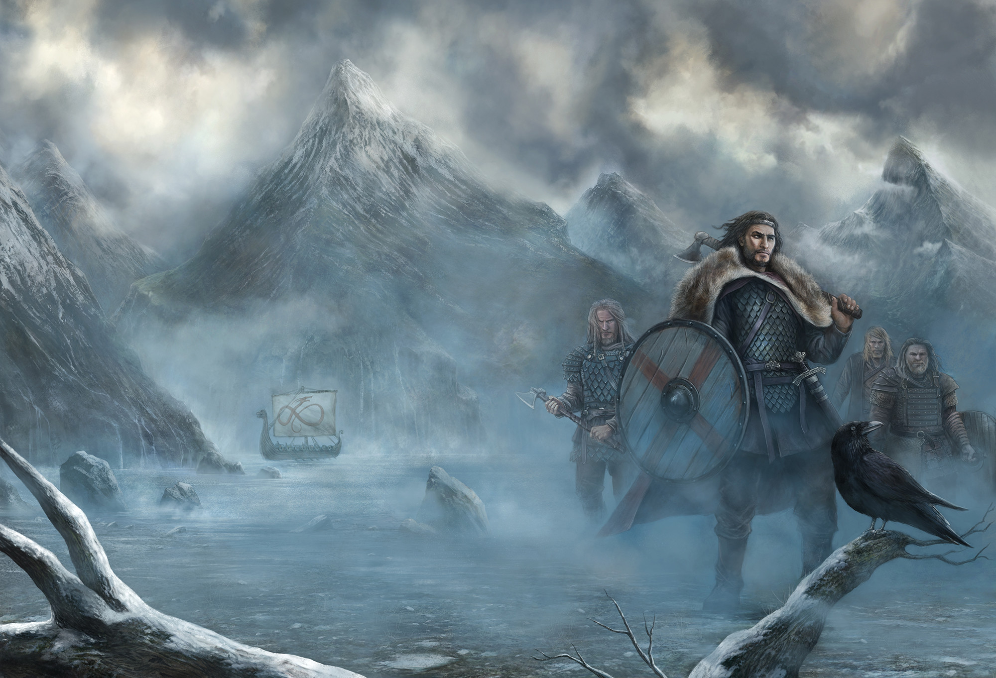 Guerrieri vichinghi, Corvo, Montagne innevate, Arte fantasy, Full HD, sfondo Windows 11