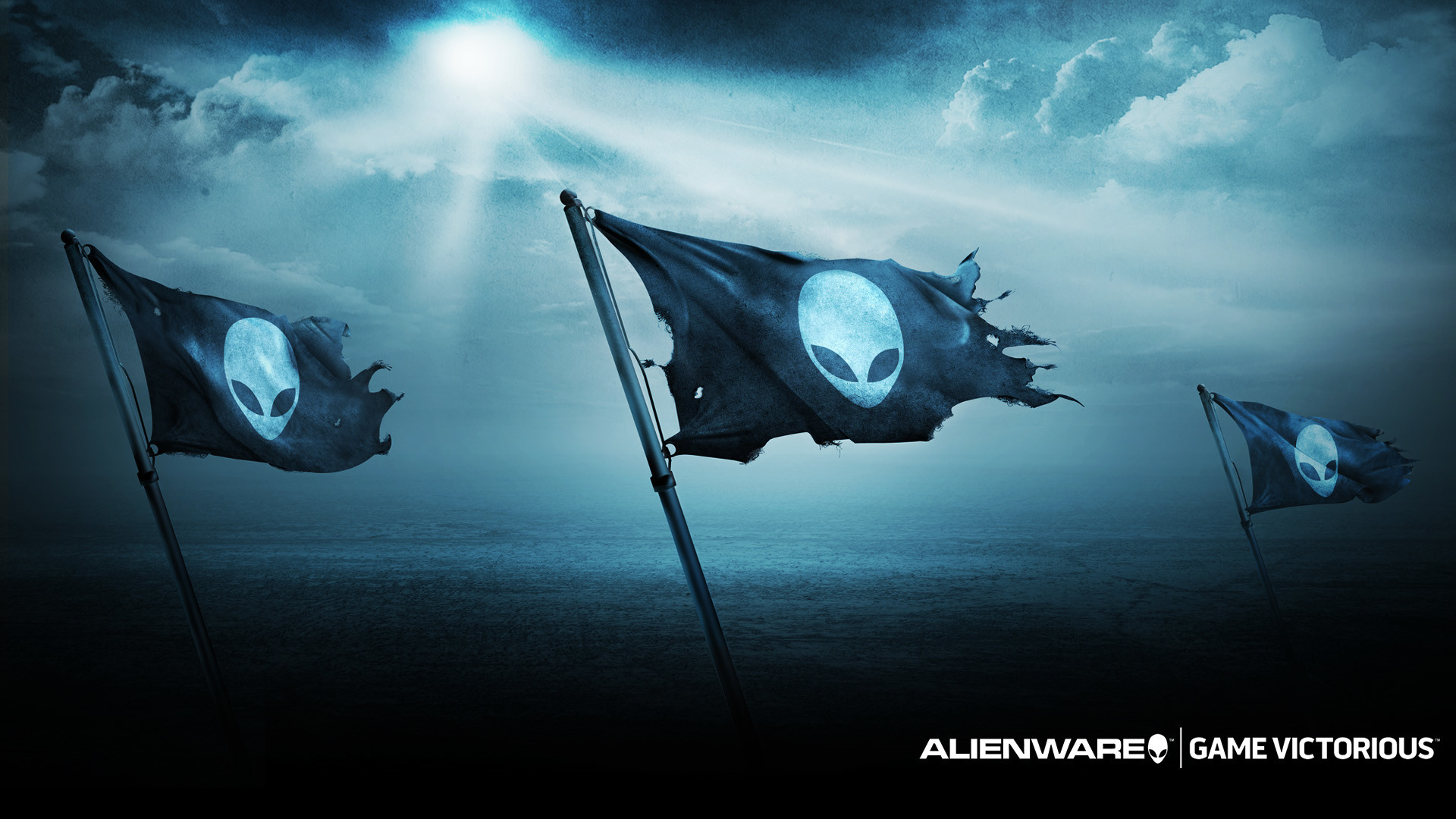 Alienware, Game Victorious, Bandiere, Cielo nuvoloso, Full HD, wallpaper per portatile