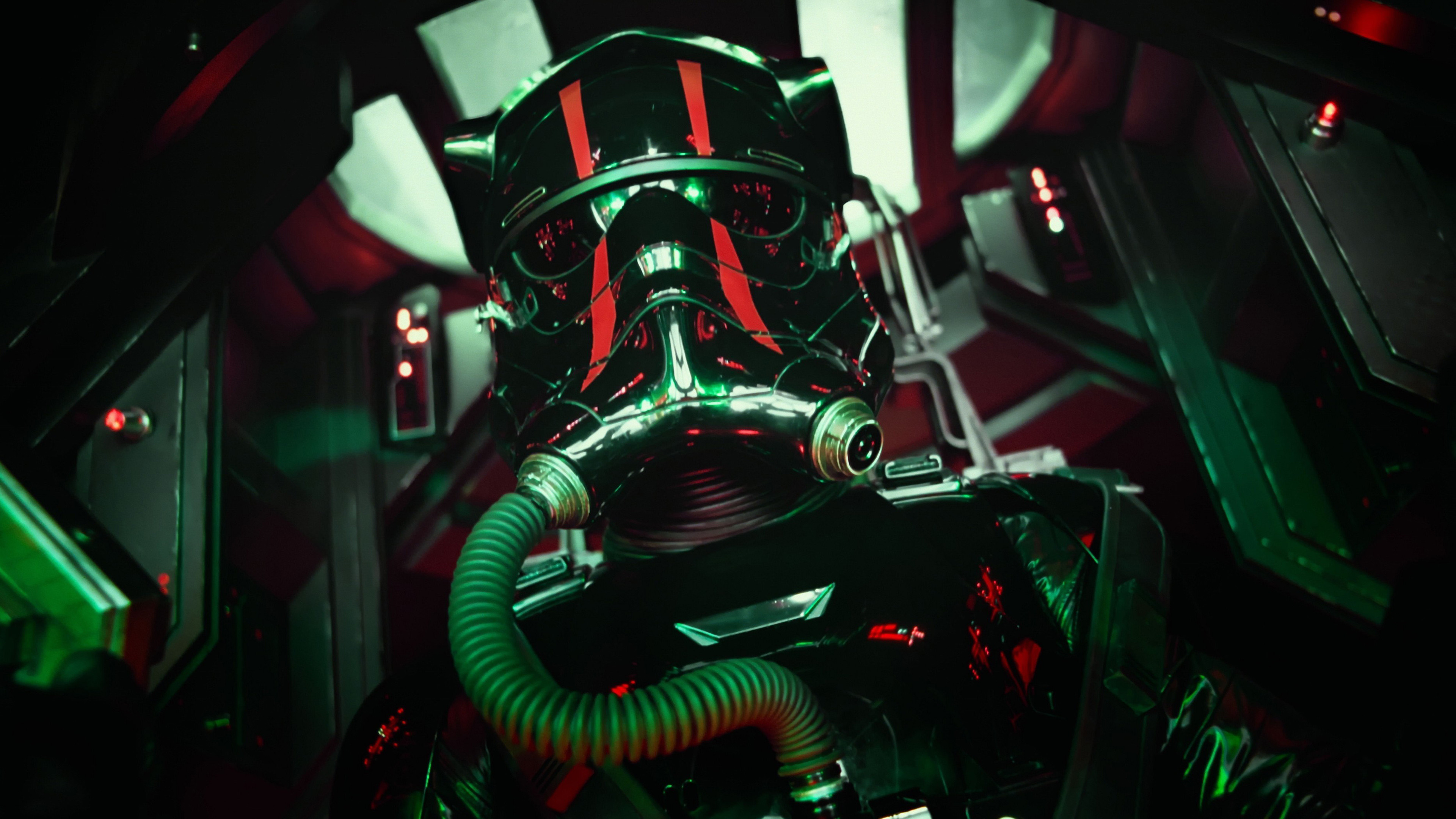 Pilota TIE del Primo Ordine, Star Wars: Il risveglio della Forza, Cabina di pilotaggio, Verde e rosso, sfondo 2160p
