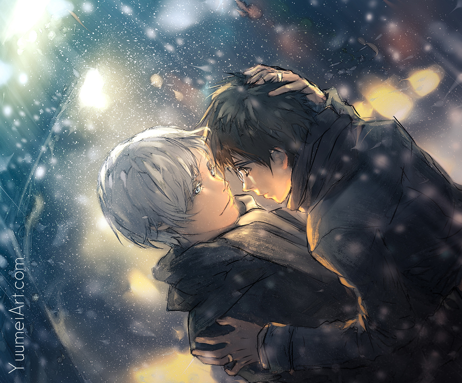 Victor Nikiforov, Yuri Katsuki, Yuri!!! on Ice, Abbraccio, Neve, sfondo Full HD per PC