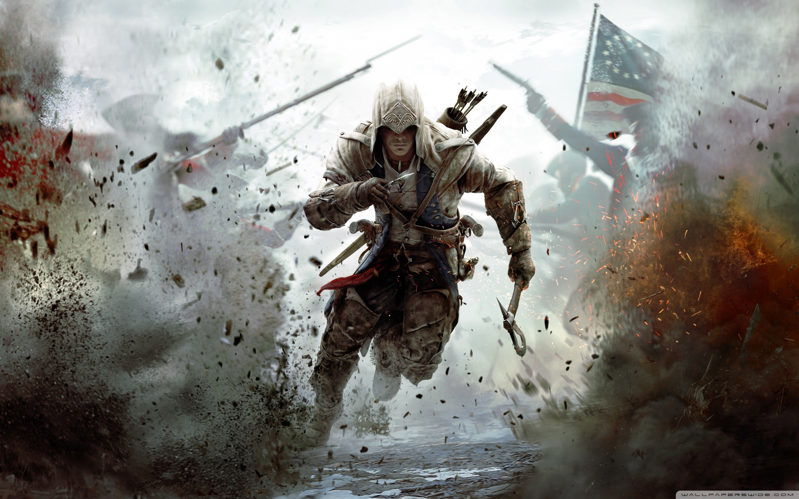 Connor Kenway, Assassin's Creed III, Rivoluzione americana, Battaglia, Corsa, Esplosione, sfondo per PC