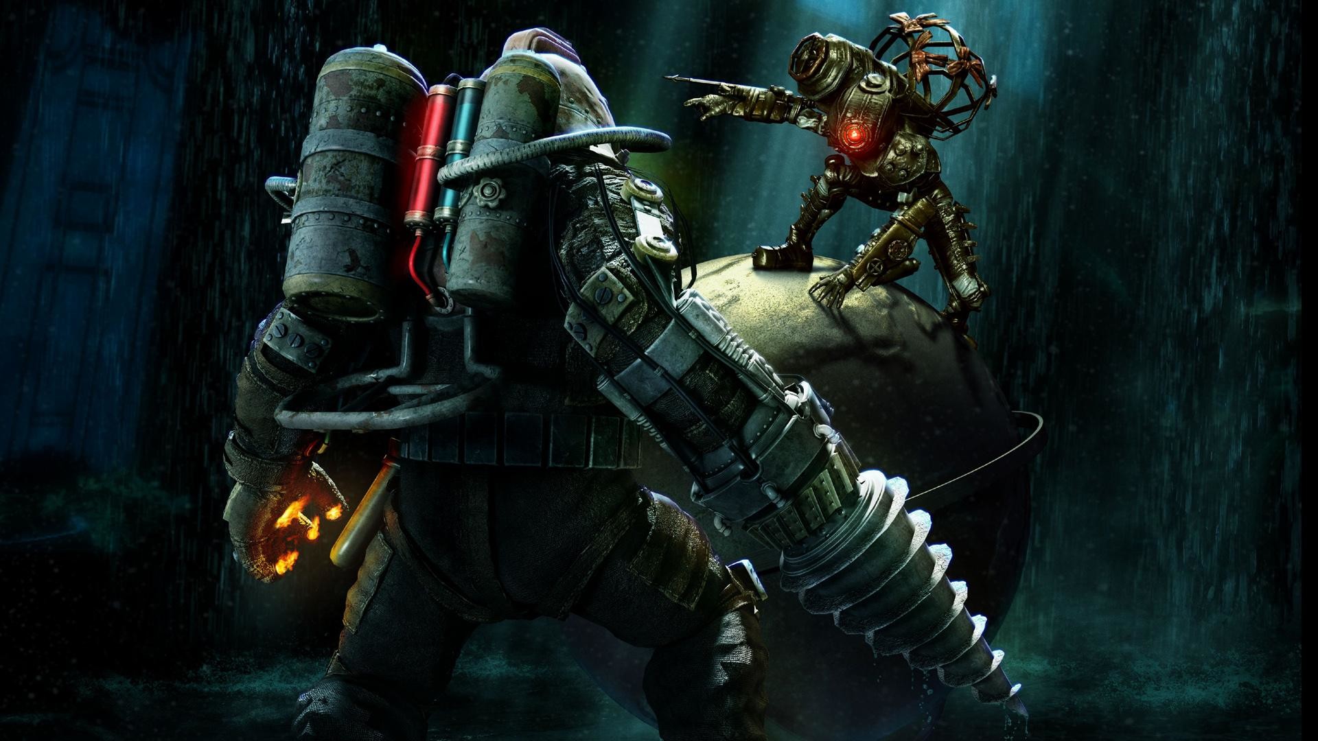 Big Daddy, Big Sister, BioShock 2, Pioggia, Full HD, sfondo per portatile