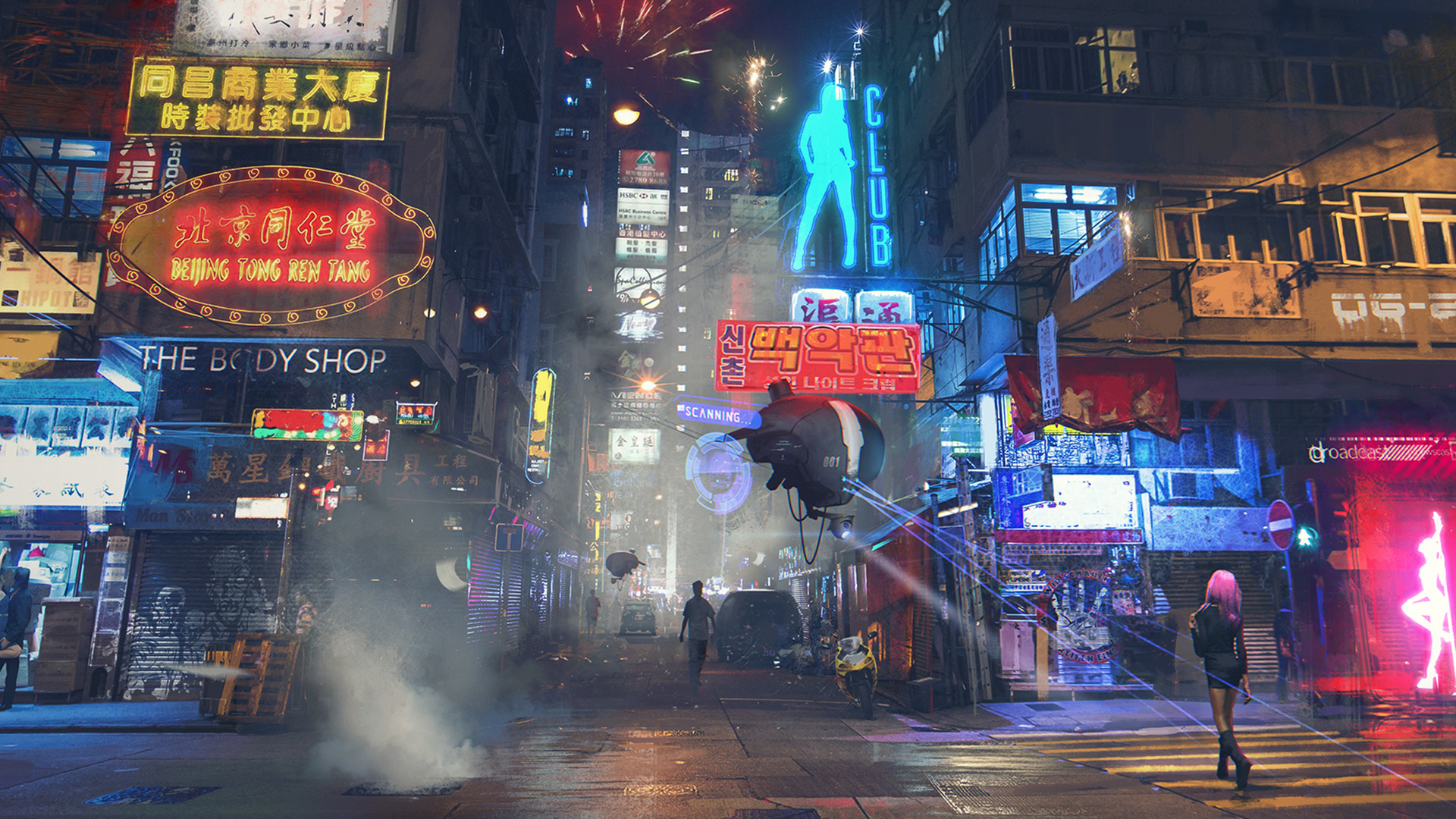 Città cyberpunk, Insegne al neon, Strada, Notte, Ologramma, 16:9 Full HD, wallpaper widescreen