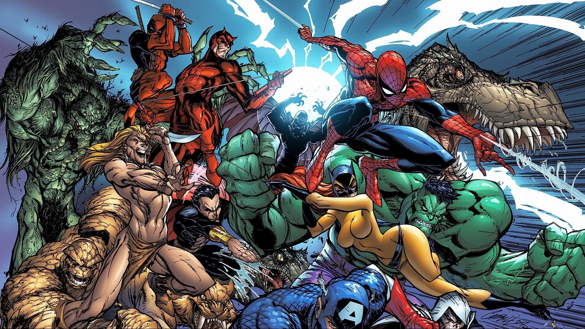 Hulk, Spider-Man, Ka-Zar, Dinosauro, Marvel Comics, 1920x1080, sfondo per PC