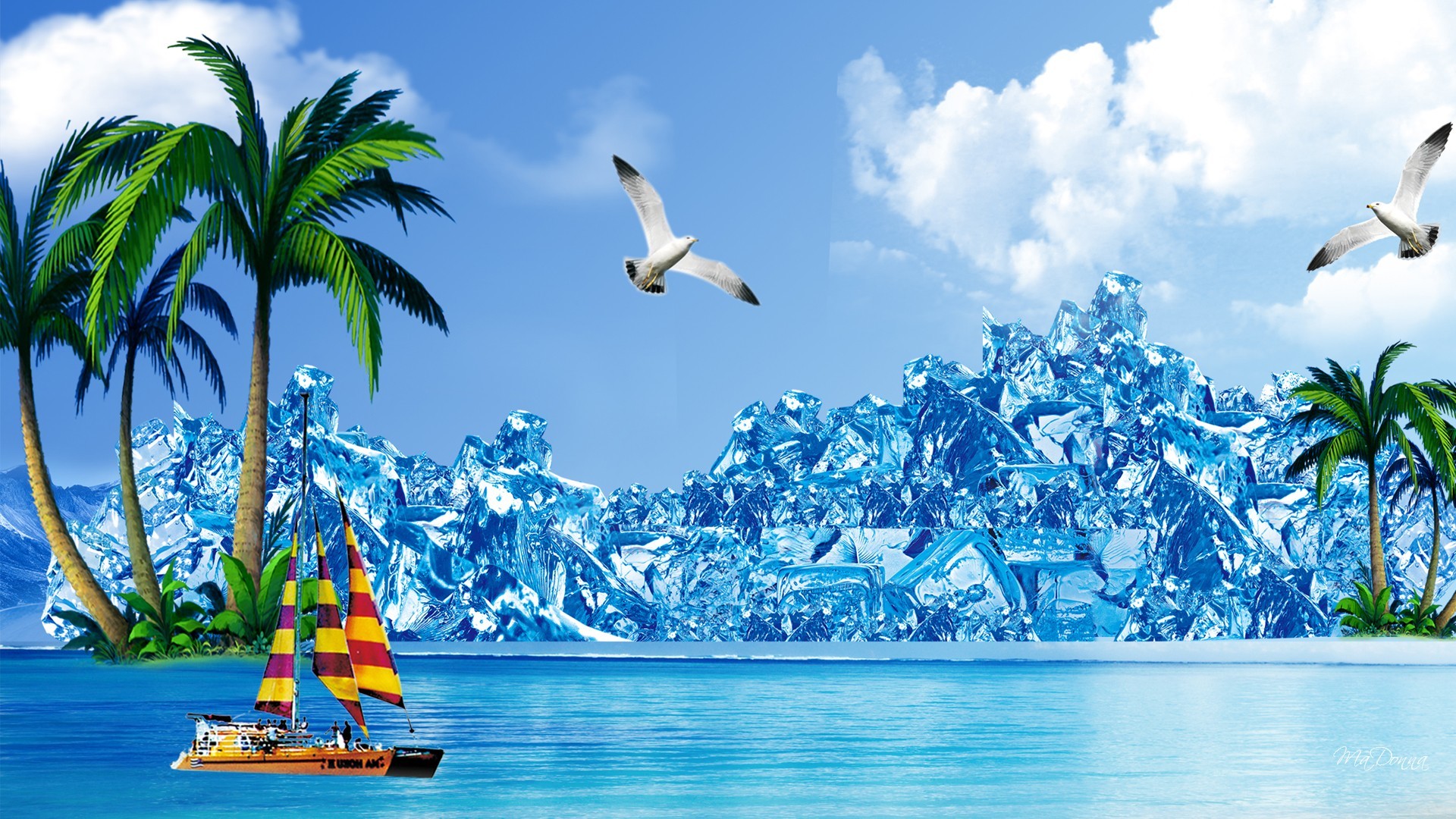 Palme, Barca a vela, Gabbiani, Arte digitale, Mare, Full HD, sfondo Windows 11