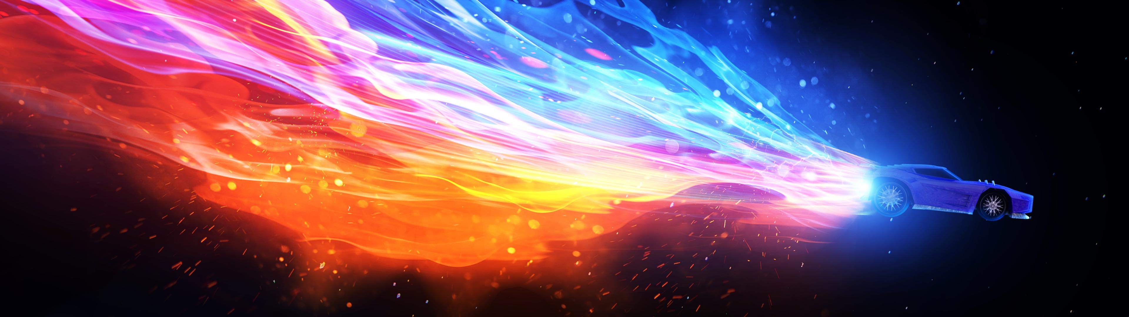 Rocket League, Scia di fuoco, Auto, Arte astratta, doppio schermo, sfondo Full HD