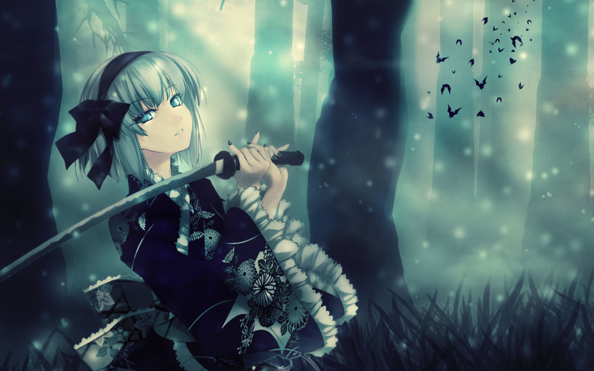 Ragazza anime, Katana, Kimono, Foresta, Nebbia, 16:10 Full HD, sfondo widescreen