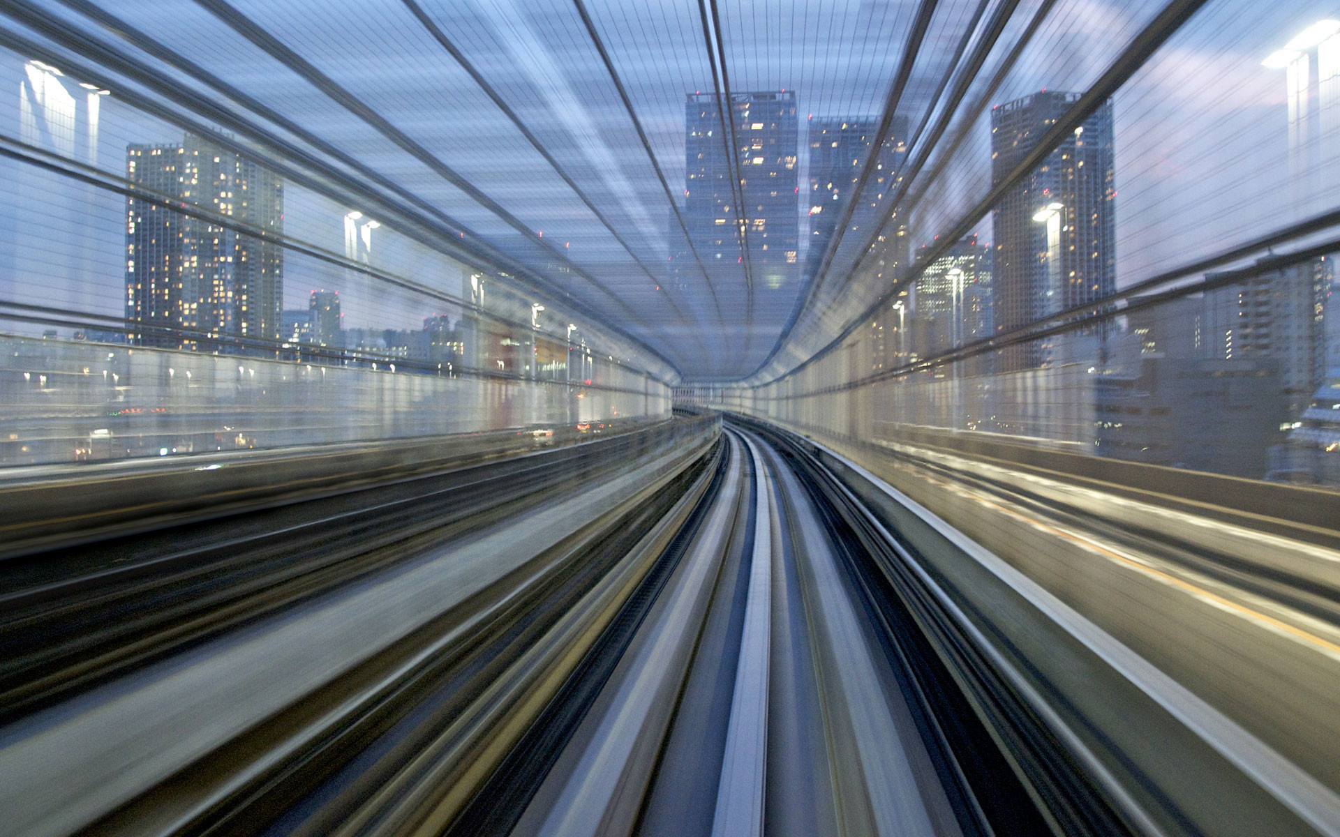 Binari, Velocità, Grattacieli, Motion blur, Full HD, immagine di sfondo Windows 8