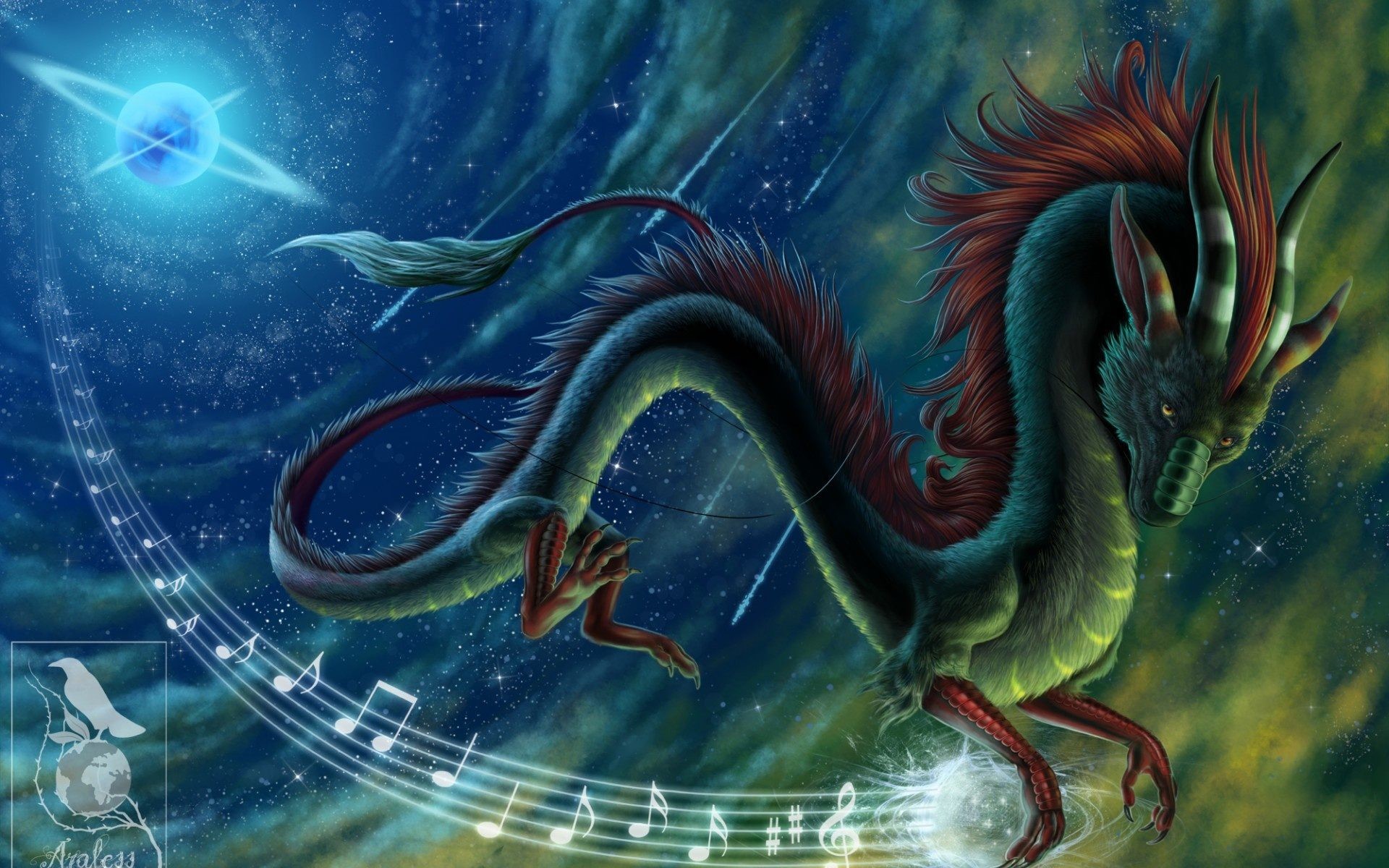 Drago orientale, Note musicali, Spazio, Arte fantasy, 1920x1200, sfondo MacBook Pro