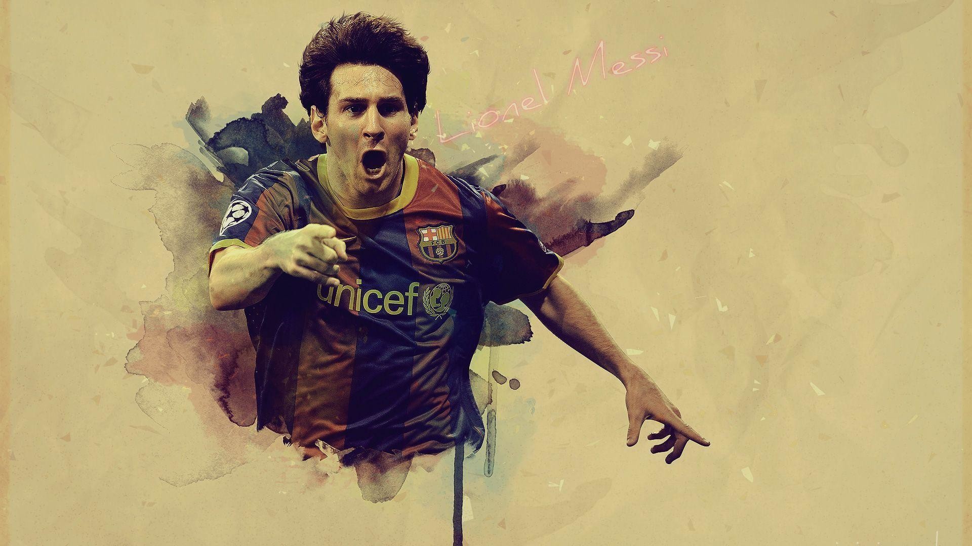 Lionel Messi, FC Barcelona, Acquerello, Esultanza, 16:9 Full HD, sfondo widescreen