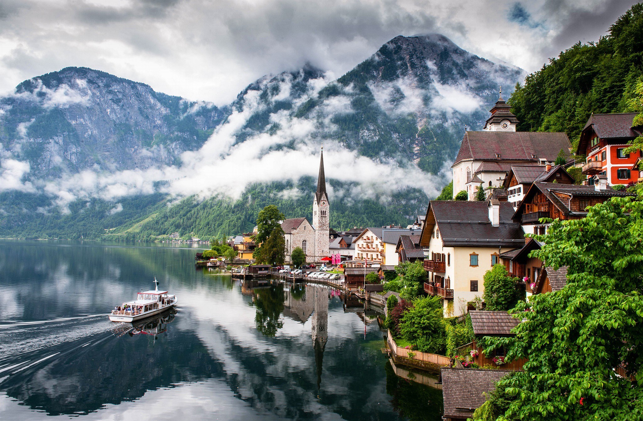 Hallstatt, Austria, Lago di Hallstatt, Alpi, Villaggio, Full HD, sfondo per PC
