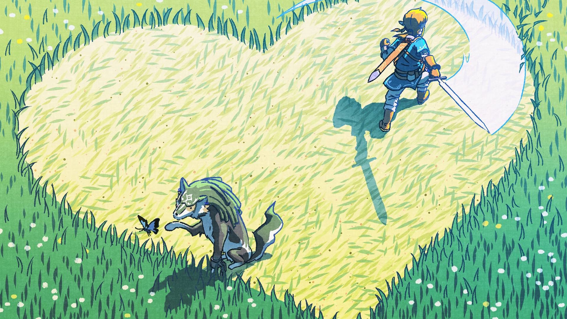 Link, The Legend of Zelda: Breath of the Wild, Lupo, Cuore, Prato, sfondo widescreen Full HD