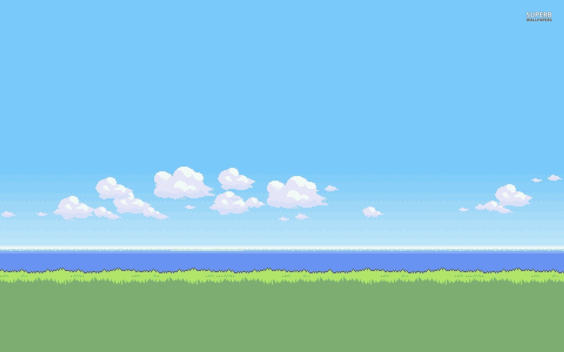 Pixel art, Prato, Mare, Nuvole, Cielo azzurro, Full HD, wallpaper per portatile