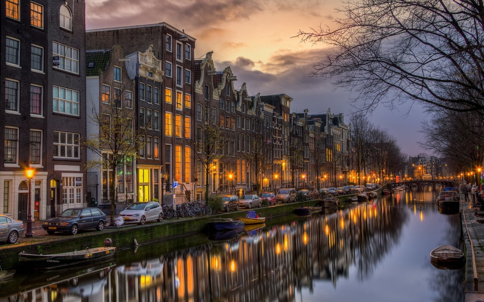 Amsterdam, Canale, Case sul canale, Paesi Bassi, Crepuscolo, Luci della città, sfondo per PC
