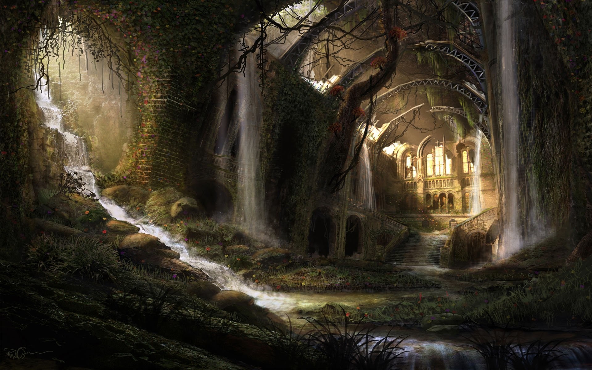 Rovine, Cascata, Foresta, Fantasy, Grotta, Full HD, sfondo per portatile