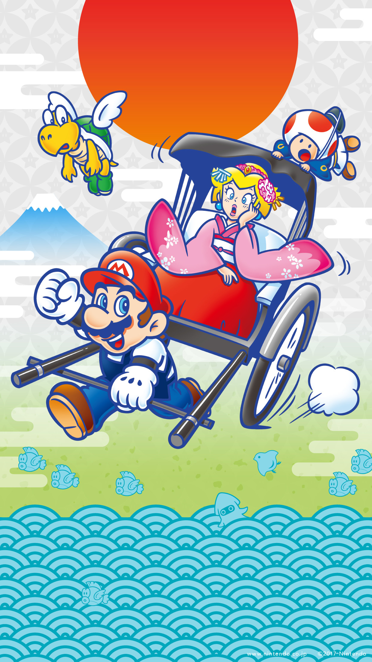 Mario, Principessa Peach, Toad, Risciò, Stile giapponese, sfondo per iPhone e Android