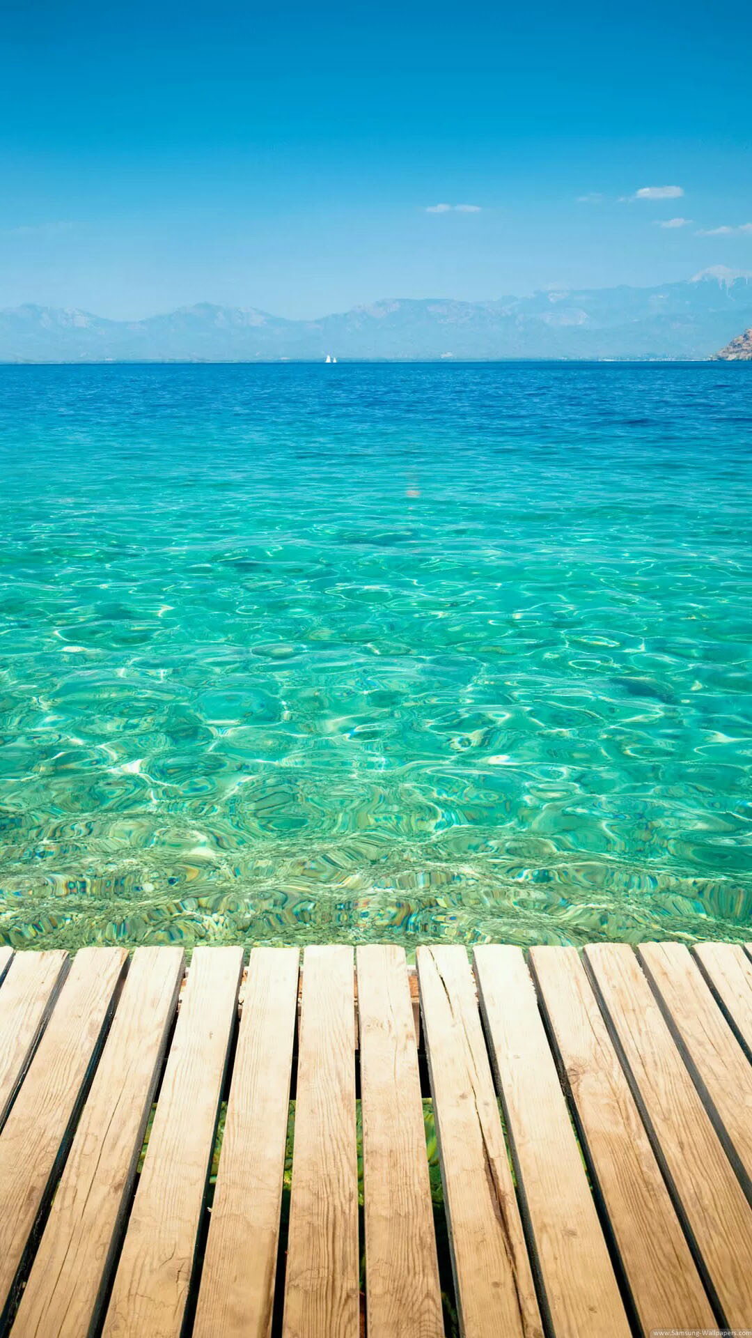 Mare turchese, Pontile in legno, Cielo azzurro, Estate, immagine di sfondo iPhone 4K