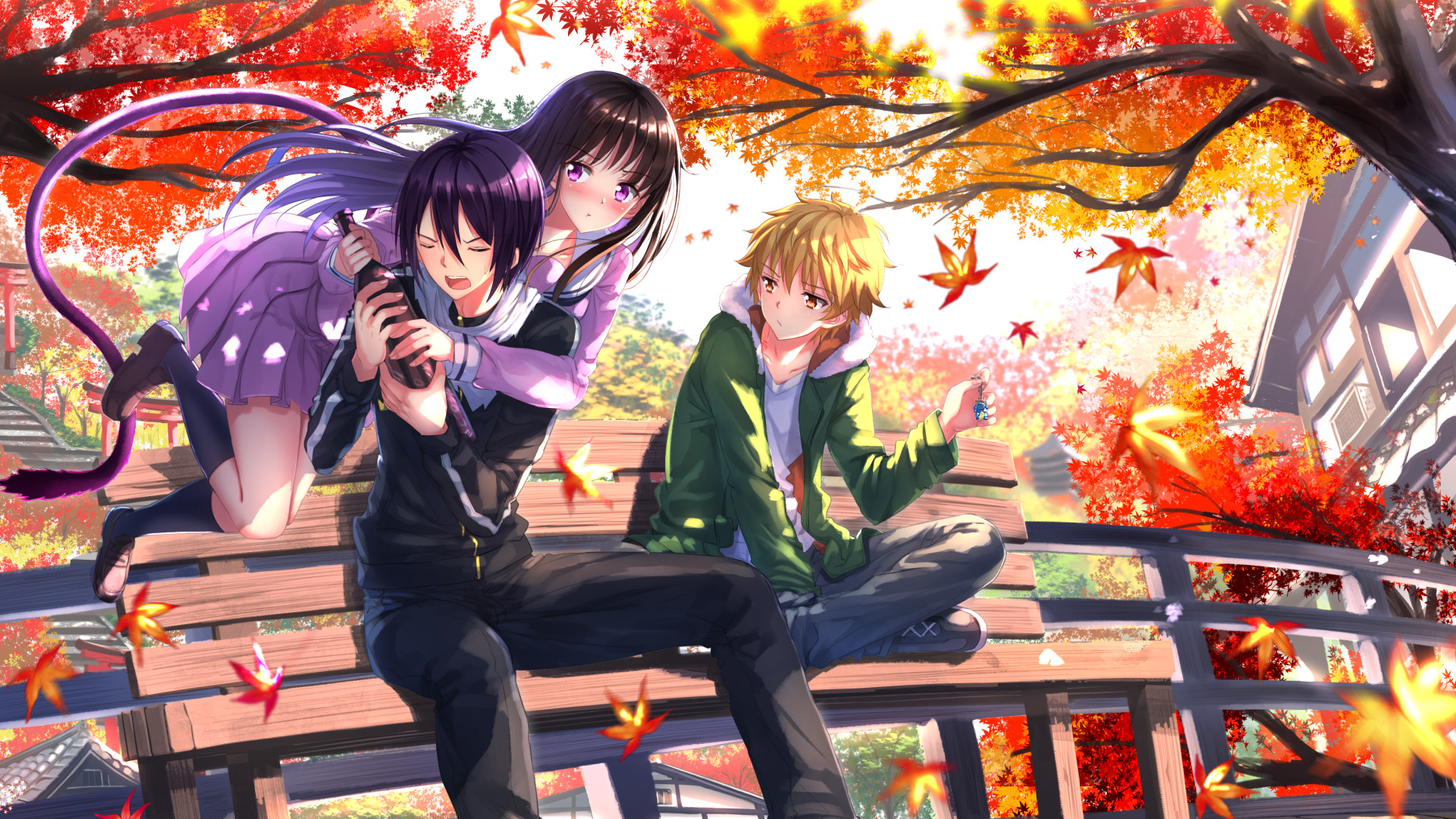 Yato, Hiyori Iki, Yukine, Noragami, Foglie d'acero, Autunno, Full HD 1080p, sfondo desktop