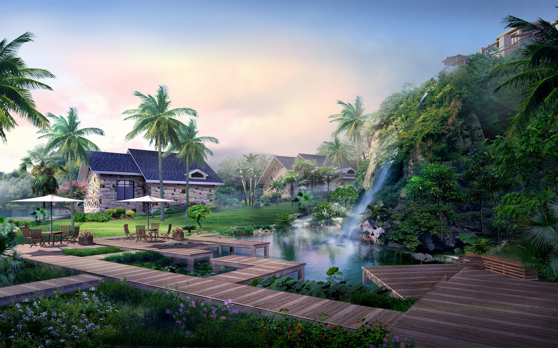 Resort, Palme, Cascata, Rendering 3D, 1920x1200, sfondo MacBook Pro