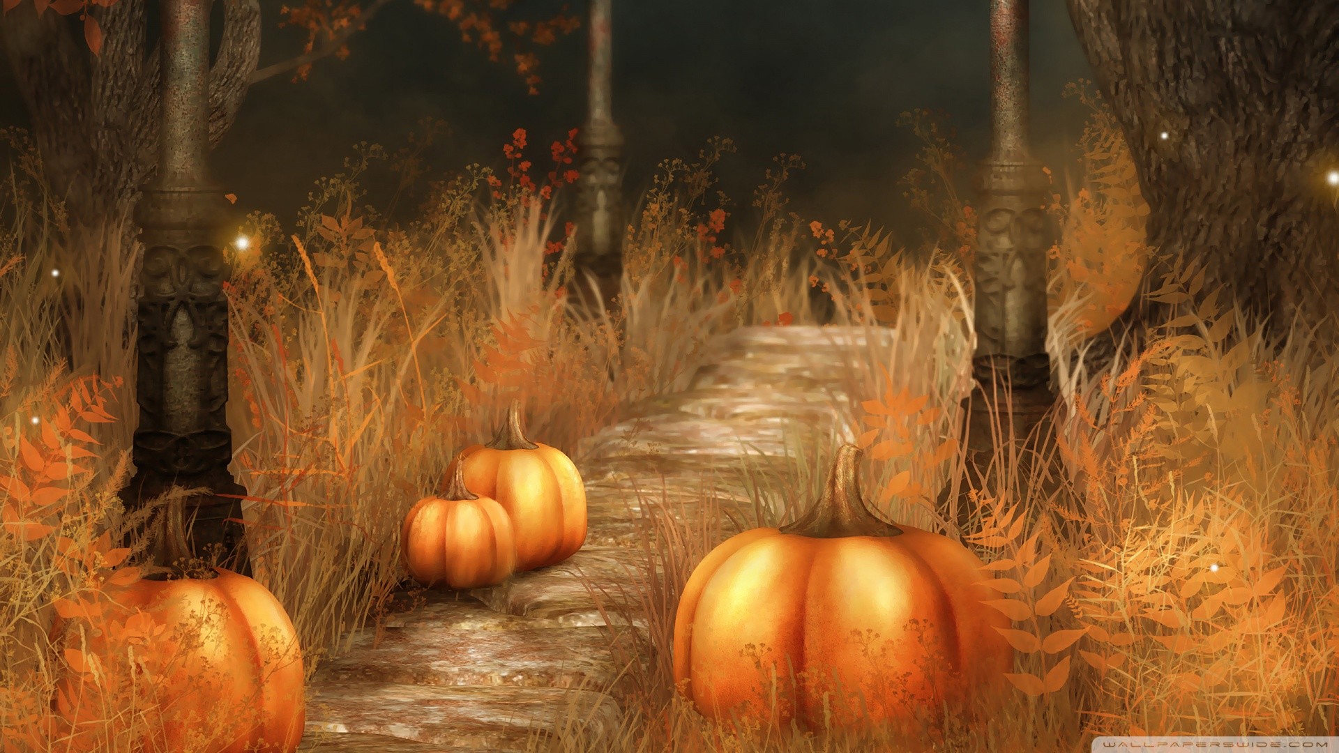 Zucche, Sentiero, Erba secca, Autunno, Arte digitale, Full HD, sfondo per portatile