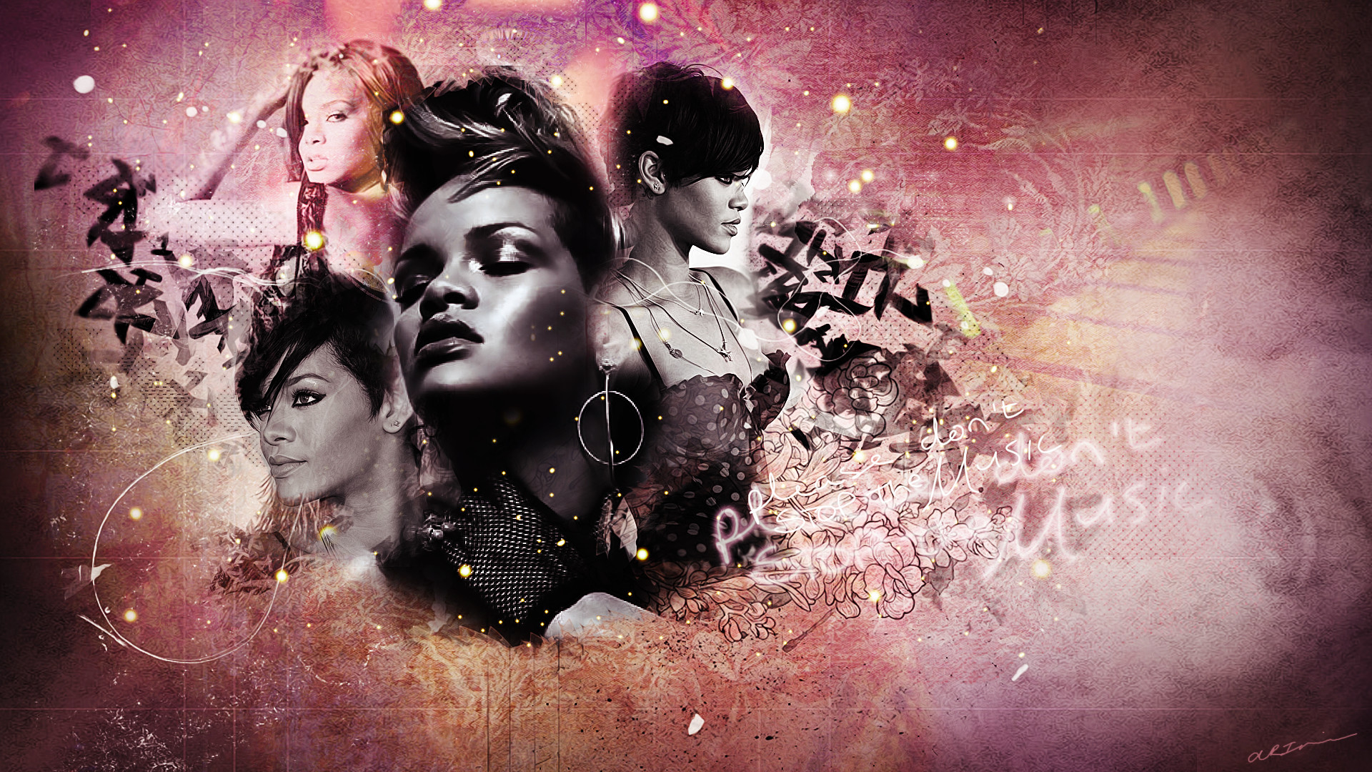 Rihanna, Collage, Arte digitale, Tonalità rosa, Full HD, sfondo per PC e portatile