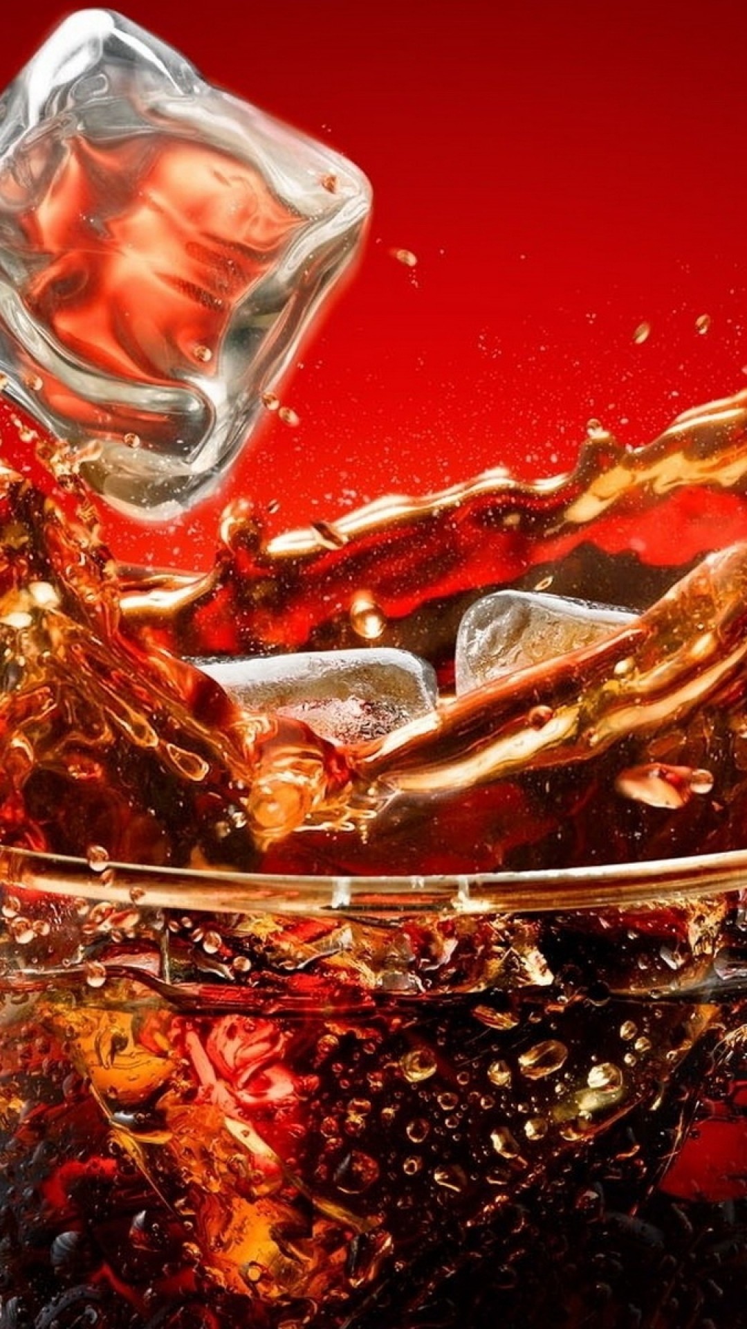 Coca-Cola, Cubetti di ghiaccio, Bibita frizzante, Bollicine, Sfondo rosso, schermata di blocco smartphone