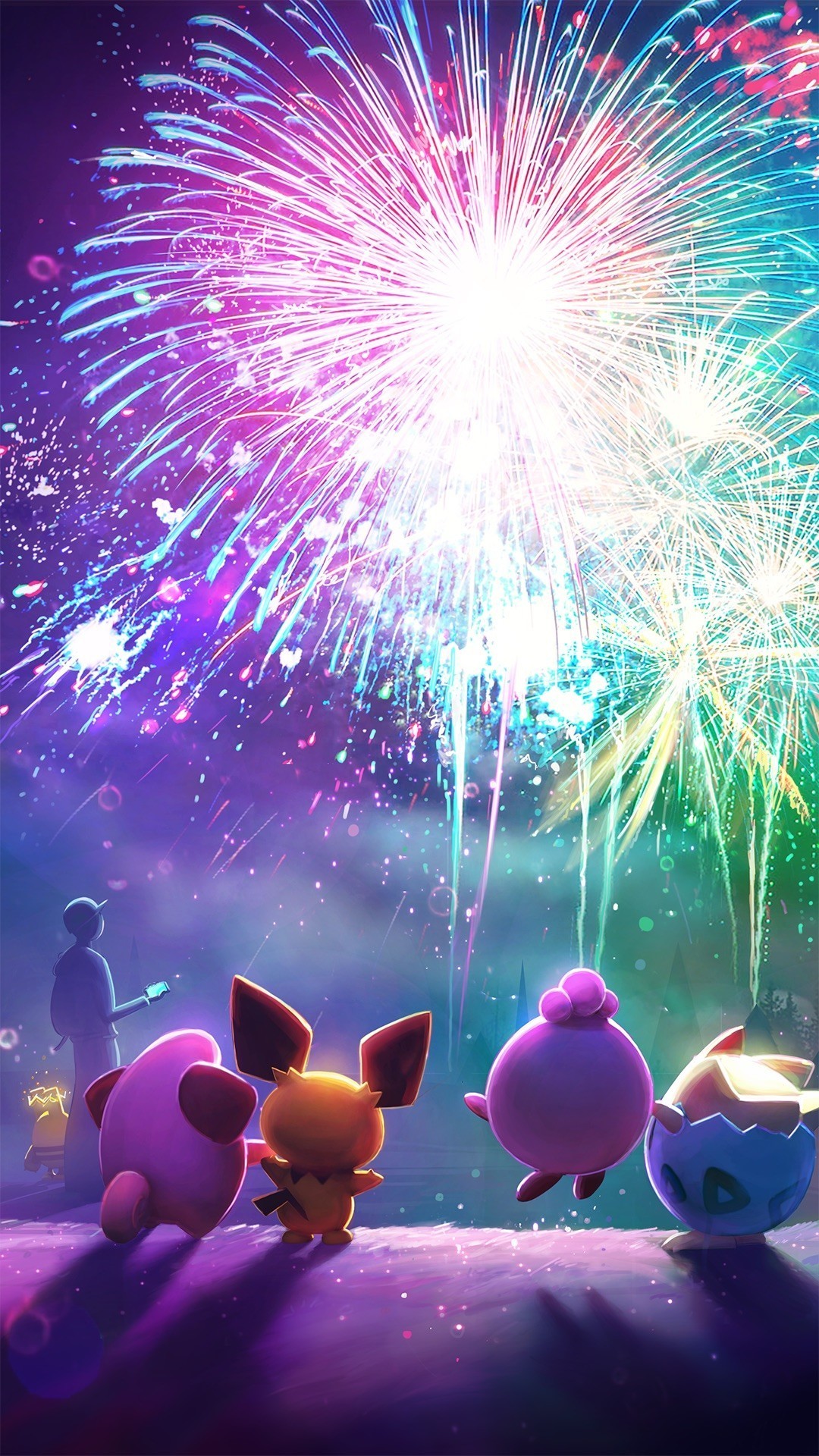 Pokémon, Pichu, Fuochi d'artificio, Notte, Full HD, sfondo per iPhone e Android