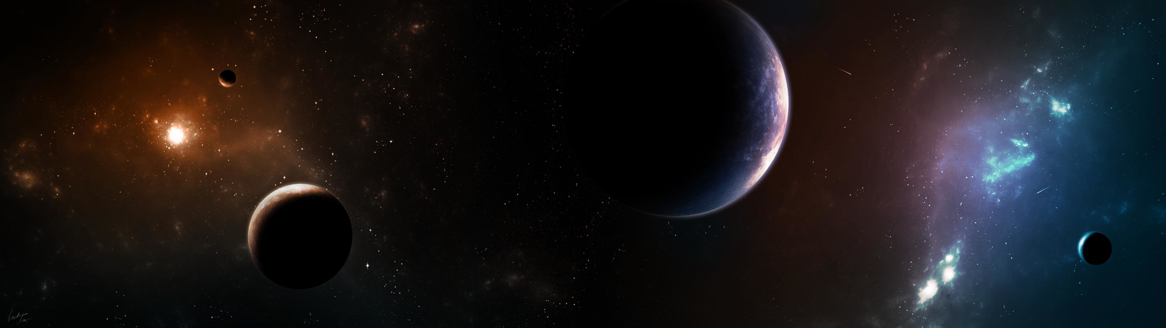Spazio, Pianeti, Nebulosa, Luna, 32:9 Full HD, sfondo widescreen