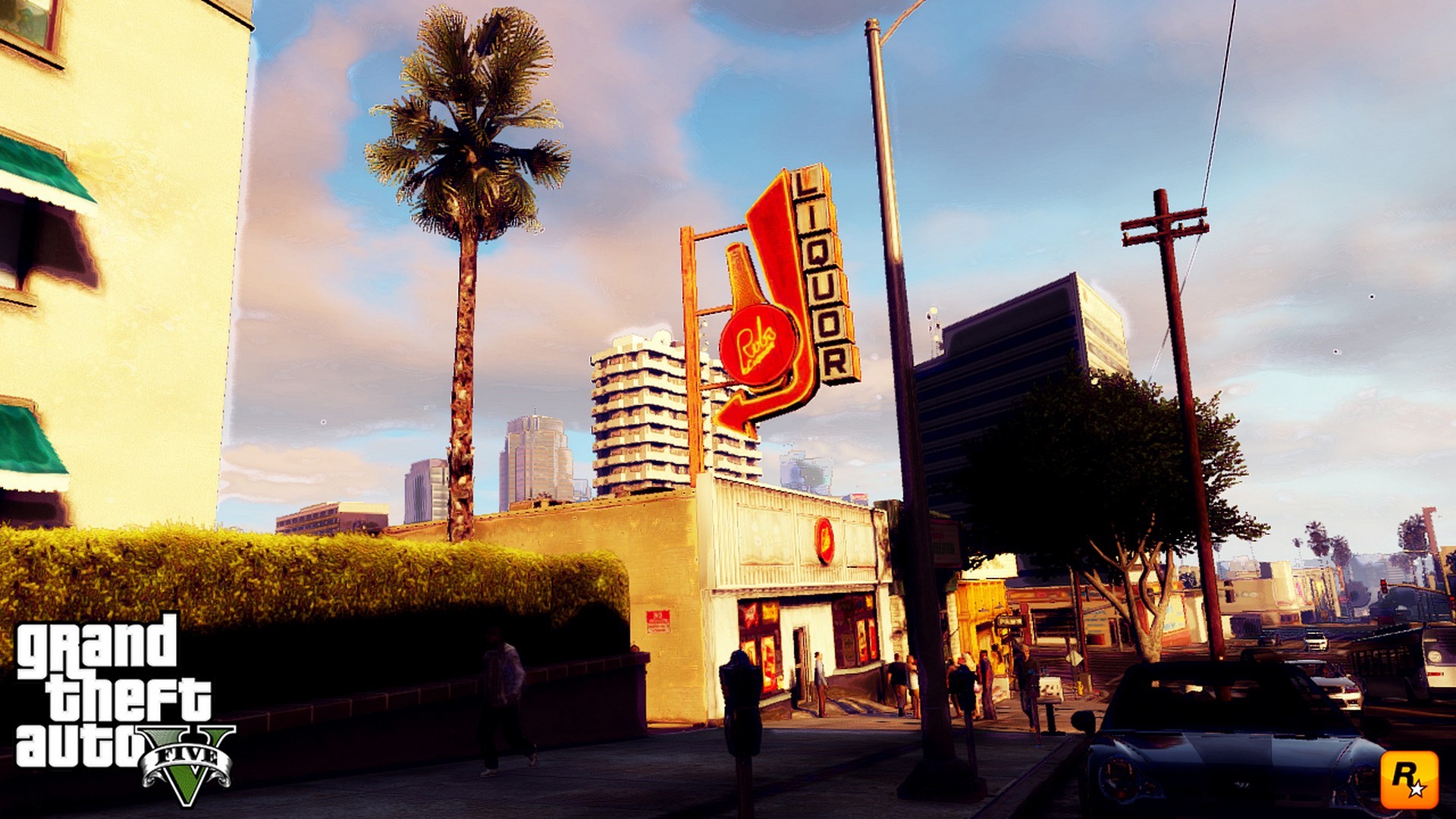 Grand Theft Auto V, Los Santos, Insegna liquor, Palme, 16:9 Full HD, wallpaper widescreen