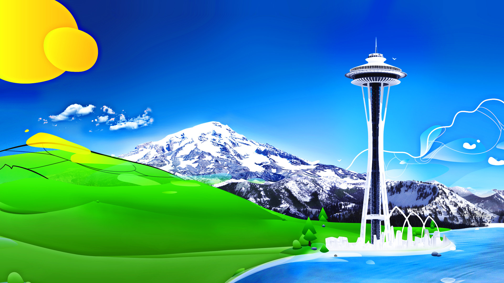 Space Needle, Seattle, Monte Rainier, Illustrazione, sfondo Windows 8 Full HD