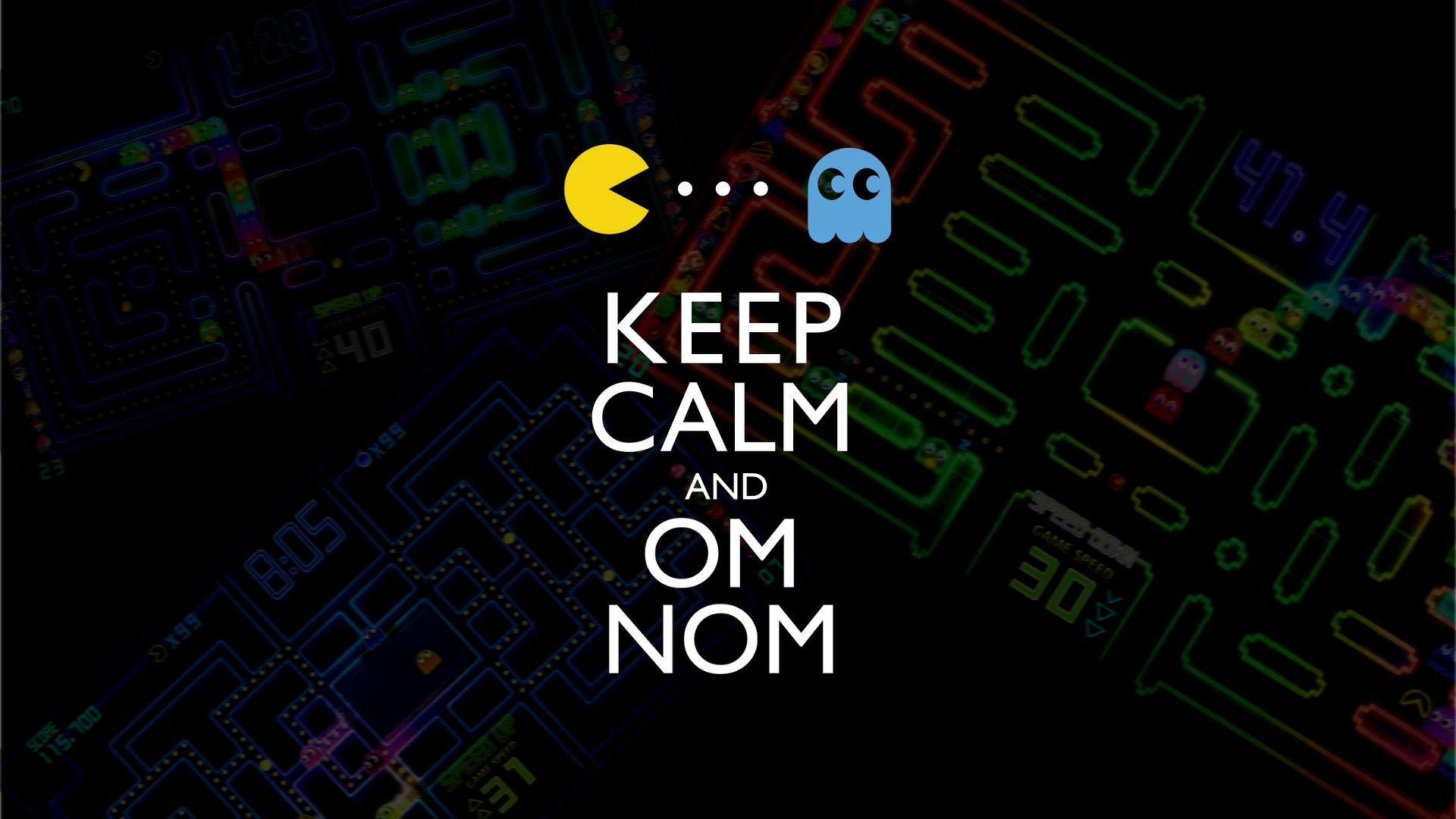 Pac-Man, Keep Calm, Om Nom, Citazione, Sfondo scuro, Full HD, wallpaper per portatile