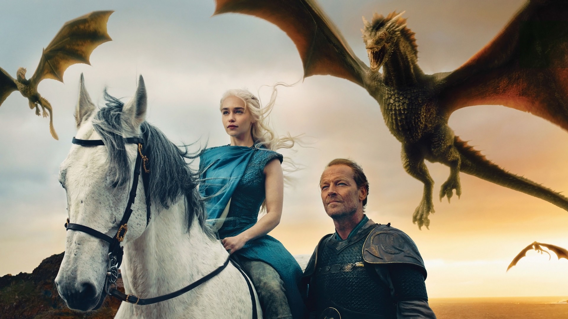 Daenerys Targaryen, Emilia Clarke, Jorah Mormont, Iain Glen, Draghi, Cavallo bianco, Il Trono di Spade, sfondo 1080p