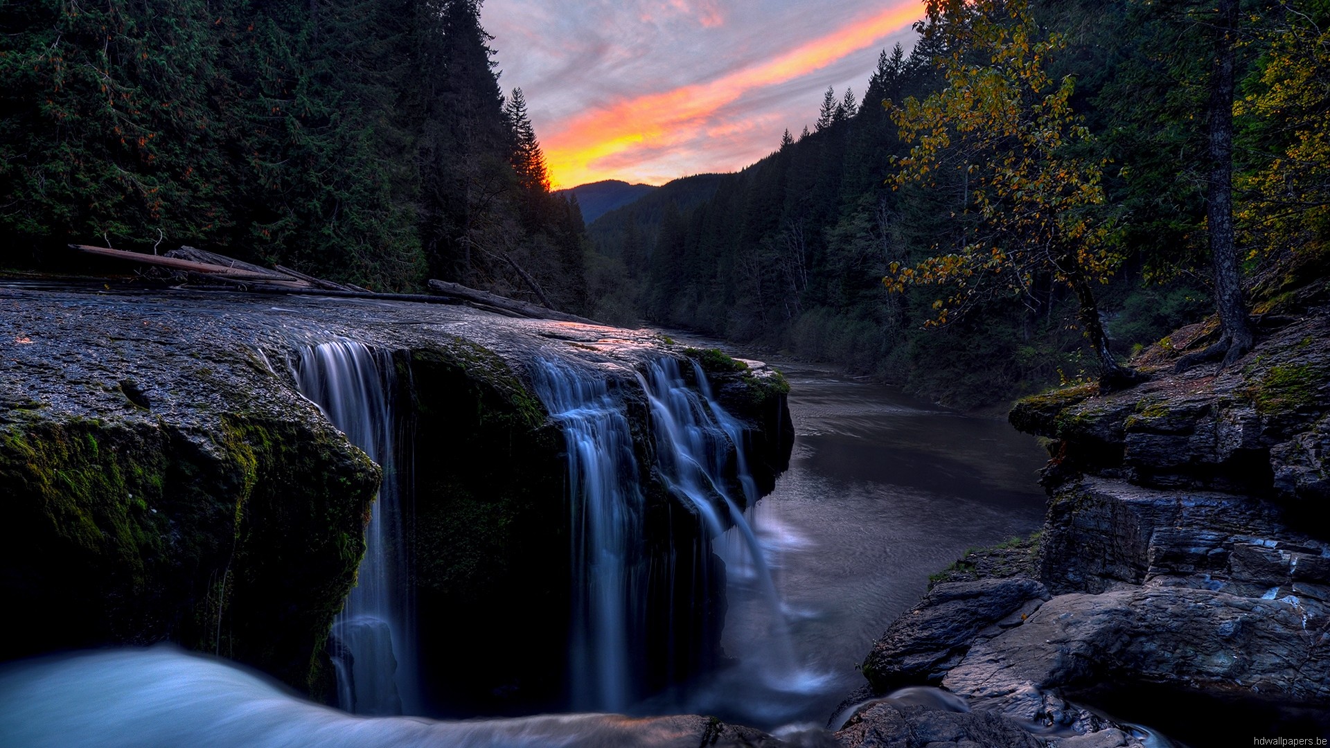 Cascata, Fiume, Foresta, Tramonto, sfondo Full HD per desktop
