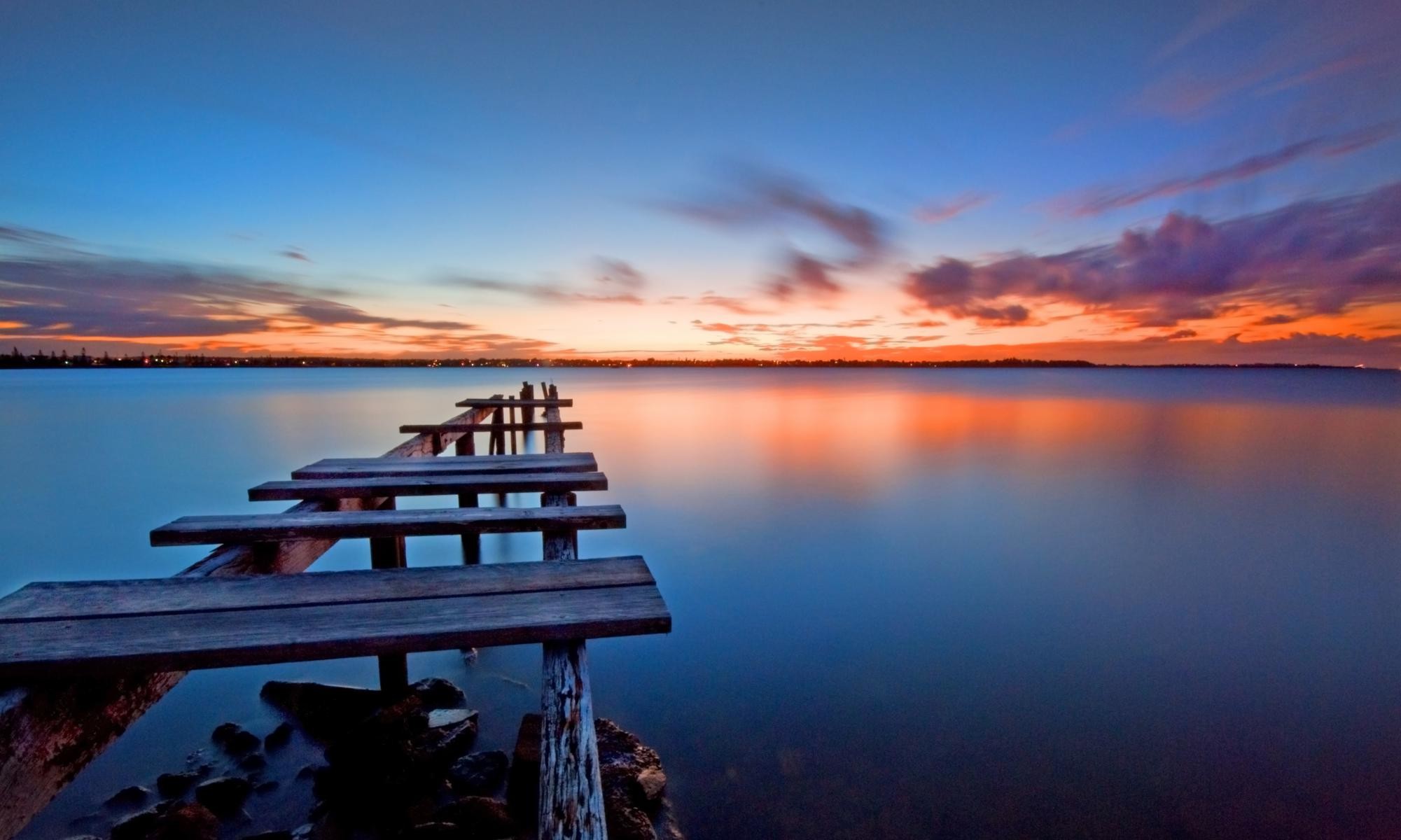 Pontile, Lago, Tramonto, Cielo arancione, sfondo per desktop