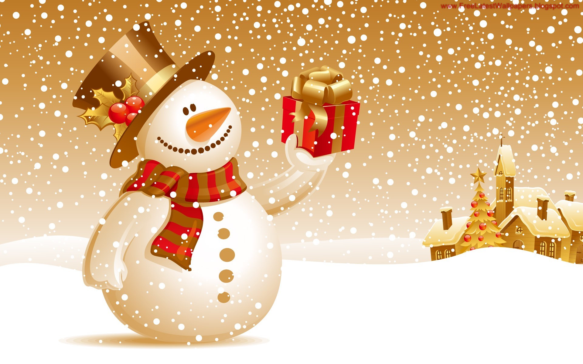 Natale, Pupazzo di neve, Regalo, Nevicata, Illustrazione, Full HD, wallpaper per computer