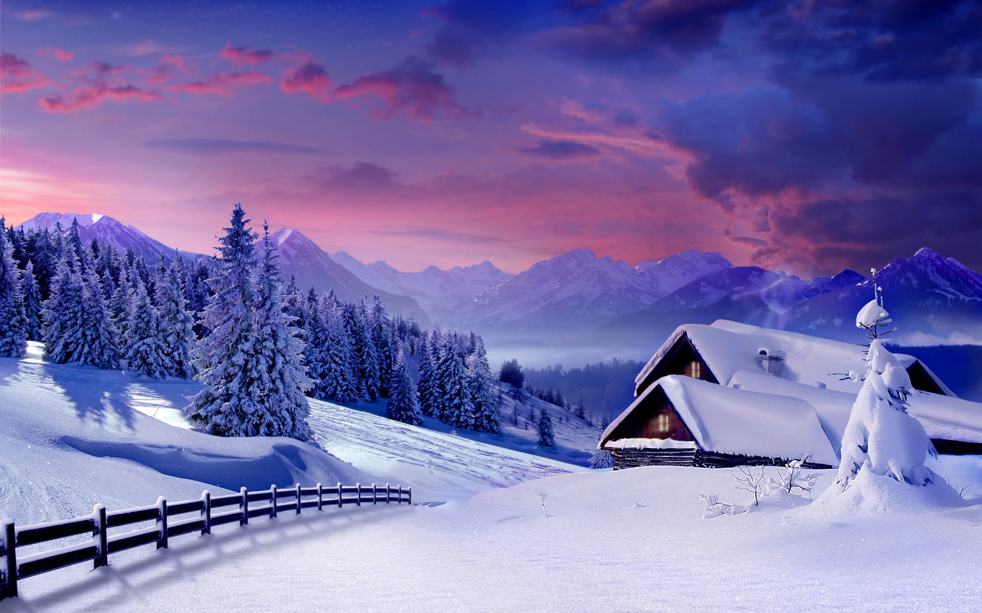 Baita, Recinto, Montagne, Cielo rosa, Neve alta, Full HD, sfondo per portatile