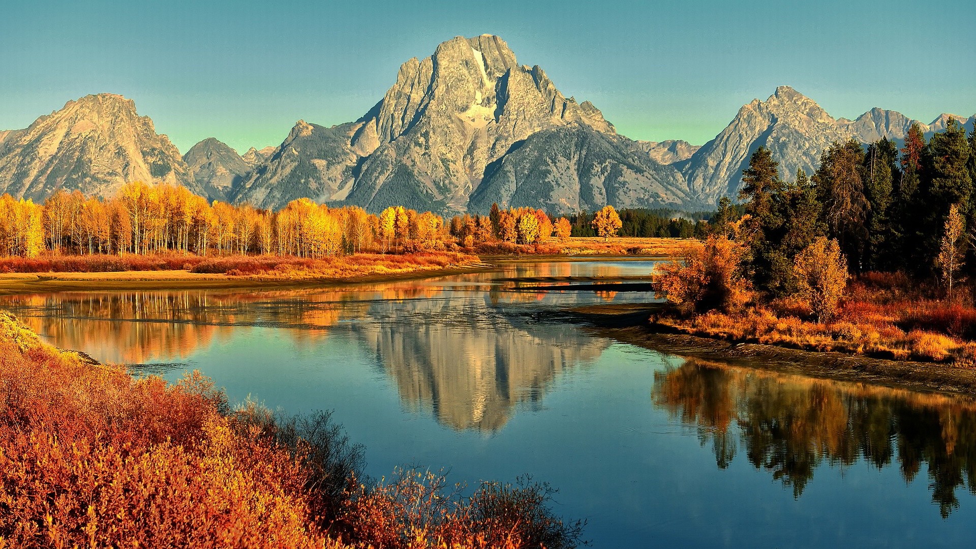 Mount Moran, Oxbow Bend, Grand Teton, Wyoming, Fiume, Riflesso, Full HD, sfondo per portatile