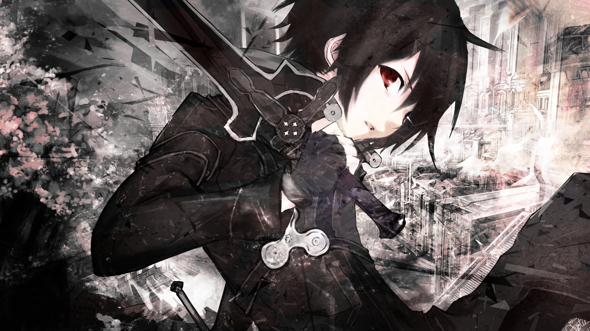 Kirito, Sword Art Online, Spada, Fiori di ciliegio, Full HD 1080p, sfondo desktop
